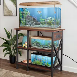 10-29-37 Gallon 3-Tier Heavy Duty Metal Fish Tank Stand with Power Outlets & Adjustable Storage Shelf,450LBS Capacity, Rustic Brown