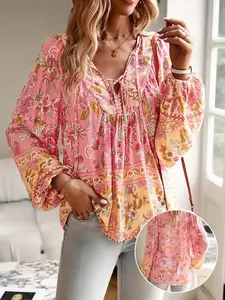 Boho Chic Floral V-Neck Blouse with Tie Detail - Long Sleeve, Casual Resort Wear for Women, Temperament, Fringed Shirt, Leisure Style, ALL/Global/All Top Boh Bohemian emian Bohemian Womenswear Fitted Top