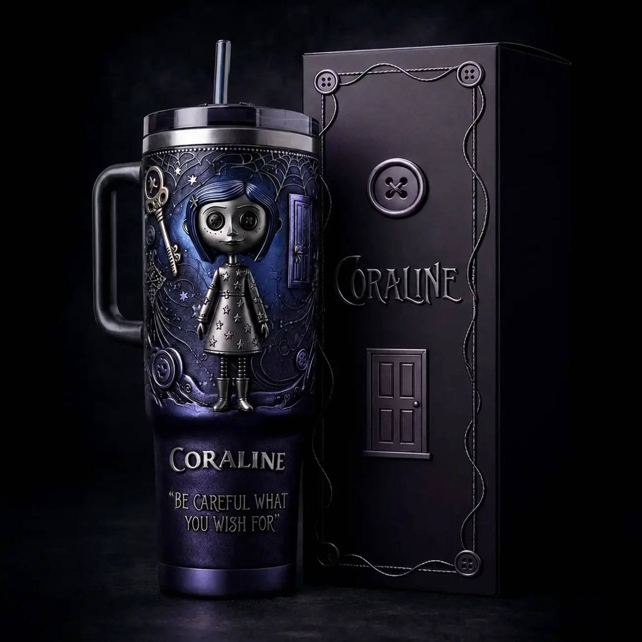Coraline 40oz 30OZ 20oz Tumbler, Dark Fantasy Animated Movie Inspired Cup, High-Quality Stainless Steel Double Wall Insulated Travel Mug with Handle & Straw, Leakproof Drinkware, Spooky Adventure Fan Gift