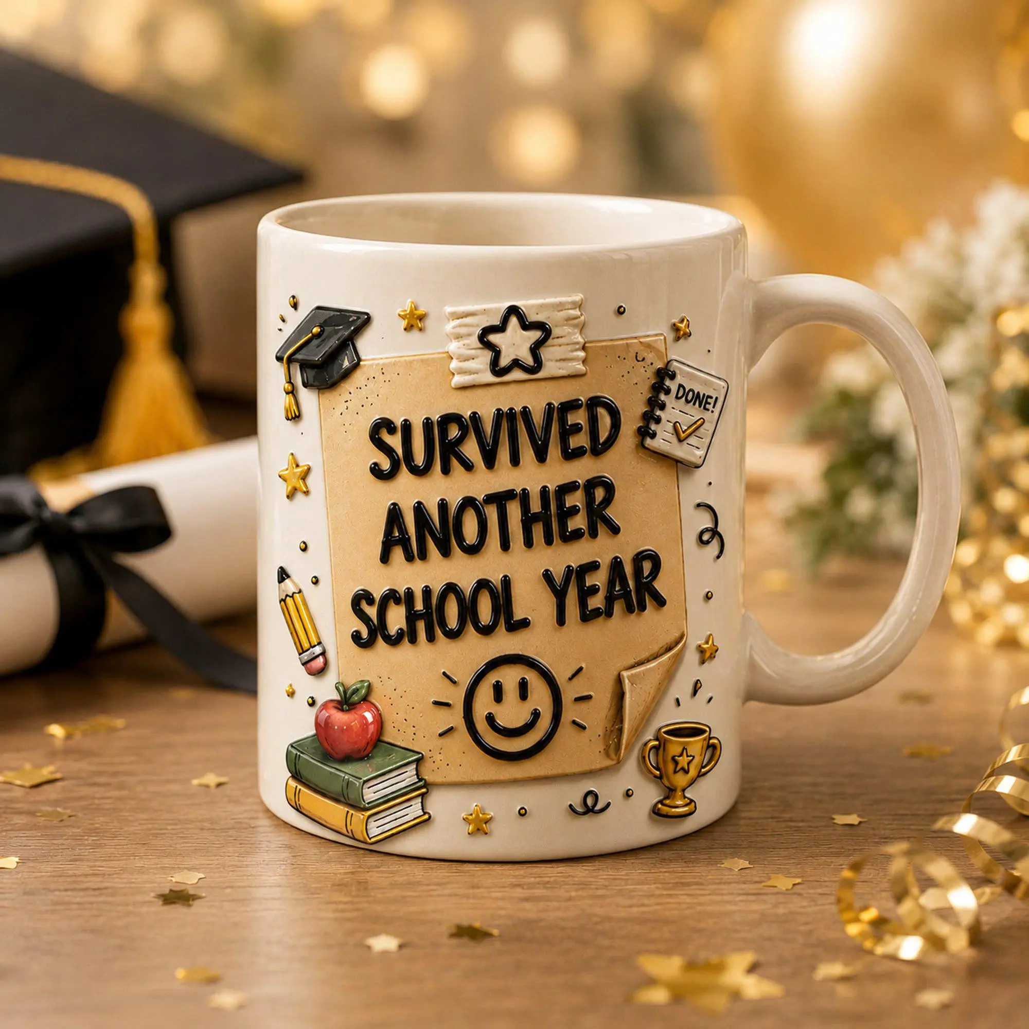 Stylish Ceramic 3D Effect Printed Reusable Drink Mug - Survived Another School Year, Teacher Graduation Appreciation Gift Cup