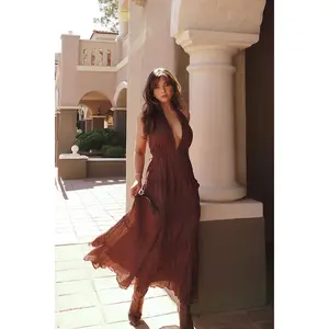 Esperanza Espresso Halter Linen Maxi Dress Casual Summer