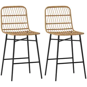 HOMCOM Rattan Counter Height Bar Stools Set of 2, 26" Wicker Barstools with Back, Modern Bar Chairs for Kitchen Island, Kitchen Counter and Dining Room, Brown