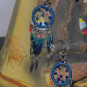 Handmade Blue Dreamcatcher Earrings with Blue Beads and Feathers - Unique Prop Set Crafted by Hand