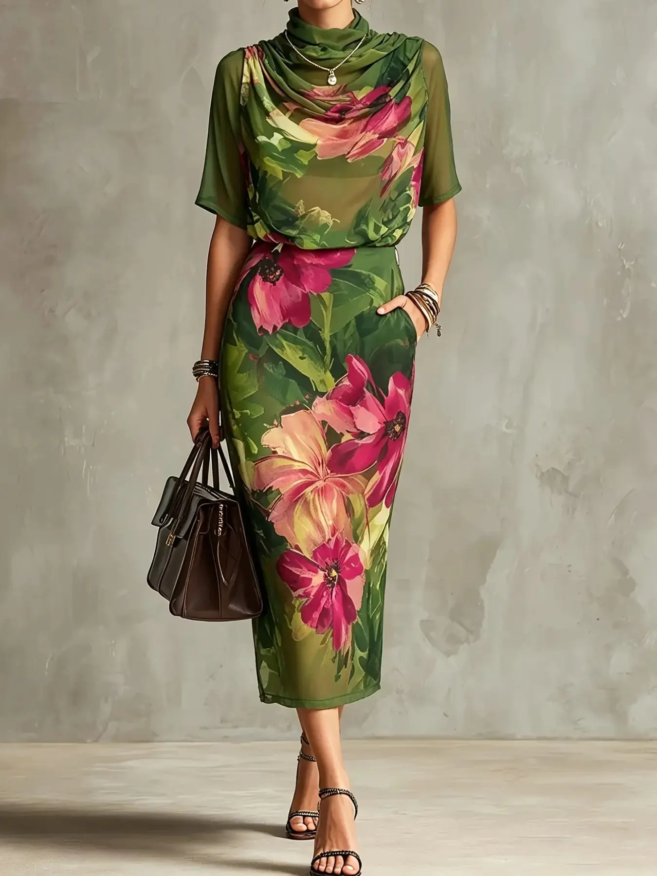 Elegant Chic Floral Stand Collar Shirt Set with Mid-Length Slim Fit Skirt, Women's Two-Piece, Stylish Ladies Fashion Ensemble