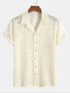 Men's Solid Color Hollow Out Short Sleeve Tropical Shirt, Loose Casual Comfy Breathable Top for Summer, Men's Clothes for Daily Wear