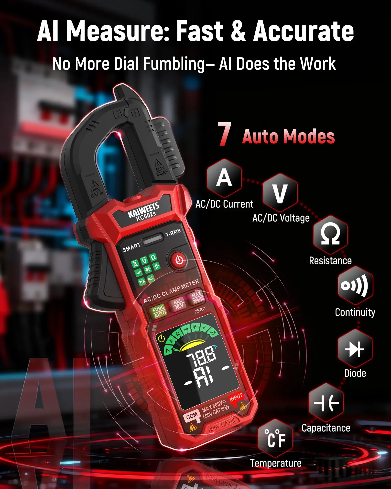 KAIWEETS Auto-ranging Smart Clamp Meter Multimeter, AC/DC Current & Voltage Tester, 6000 Counts LCD, Professional True-RMS Voltmeter Voltage Tester , NCV Non-contact Detection, Volt Amp Meter Test Tool for Circuit Tracer and Breaker Finder