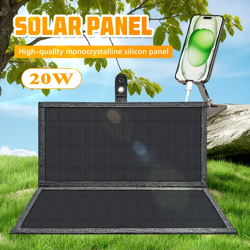20W Foldable Solar Panel – Perfect for camping, travel, and outdoor adventures. Fast 5V/3A charging via USB & Type-C ports for phones, fans, power banks, and more