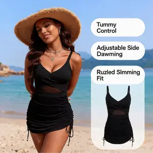Women’s Tummy Control One Piece Swimsuit Dress with Mesh Panel, Adjustable Side Drawstring Ruched Slimming Bathing Suit for Beach Vacation