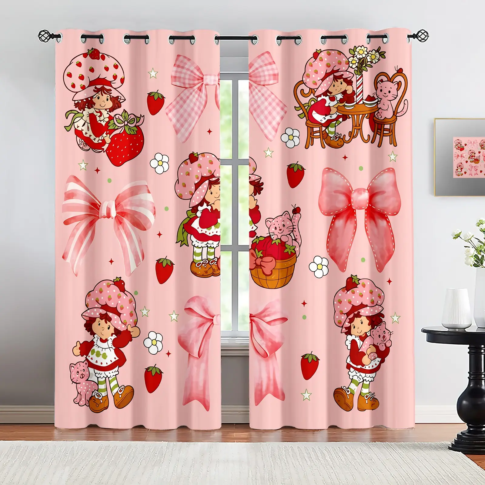 Strawberry Shortcake Cartoon Theme Curtains, Home Decorative Curtain, Home Decoration Curtain, with Strawberry, Pink Bow, Cartoon Girl & Cat Print, Cartoon Blackout Grommet Curtains, for Bedroom, Perfect Gift for Cartoon Lovers