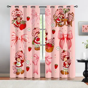 Strawberry Shortcake Cartoon Theme Curtains,  with Strawberry, Pink Bow, Daisy Cartoon Girl & Cat Print, Sweet Cartoon Blackout Curtains, for Bedroom and Bathroom, Perfect Gift for Cartoon Lovers Bedroom Decor