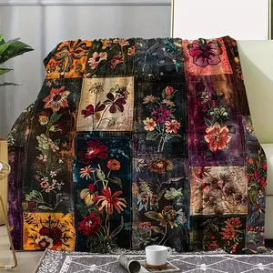 Soft Floral Patchwork Blanket Ultra-SoftFlannel Colorful Vintage Floral Patchwork ThrowBlanket -Cozy All-Season Sofa & TV SnuggleBlanket,