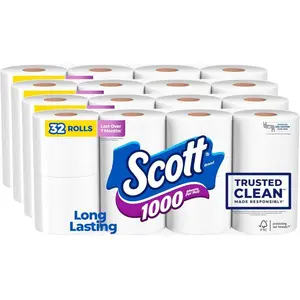 Scott 1000 Trusted Clean Toilet Paper, 32 Rolls, Septic-Safe, 1-Ply Toilet Tissue