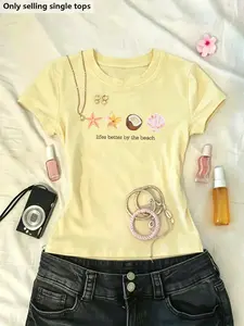 Summer Vintage Beach Style T-Shirt, Light Shell Coconut Tree Print, Breathable Slim Fit, Y2K Fashion, Women's Summer Top