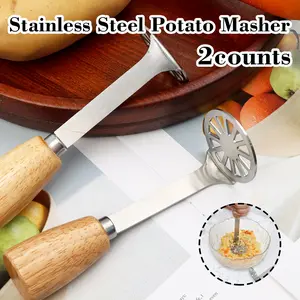 2 Counts Potato Masher, 430 Food Grade Stainless Steel Masher with Wooden Non Slip for Mashing Potatoes Avocados