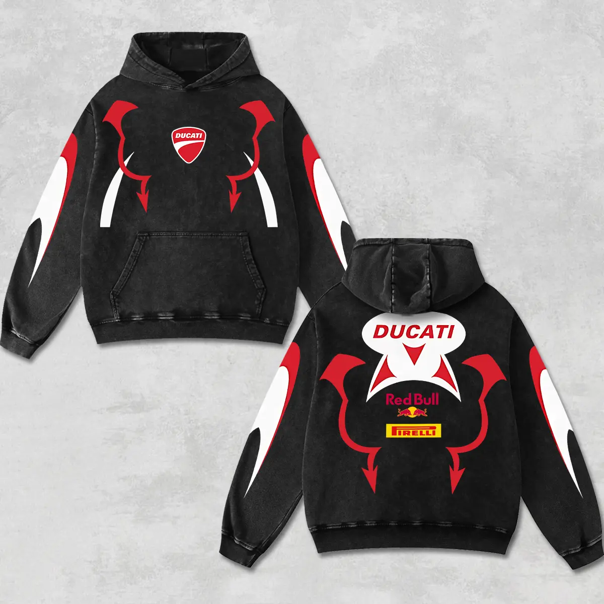 Retro Pirreli Redbull x Ducati Racing Hoodie Washed Black, Motor World Championship Enthusiast, Motorcycle Off-Road Dirt Bike Graphic Streetwear, Heavyweight Biker Sweatshirt, Retro Moto Gear Motorbike Apparel Men’s Grunge Y2K Racing Jacket Style