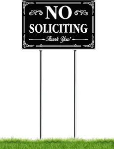 No Soliciting Sign for House, 12"x 8" No Soliciting Yard Sign with Stake, Rust Free Aluminum Sign with 15" Long Stakes Weather Included