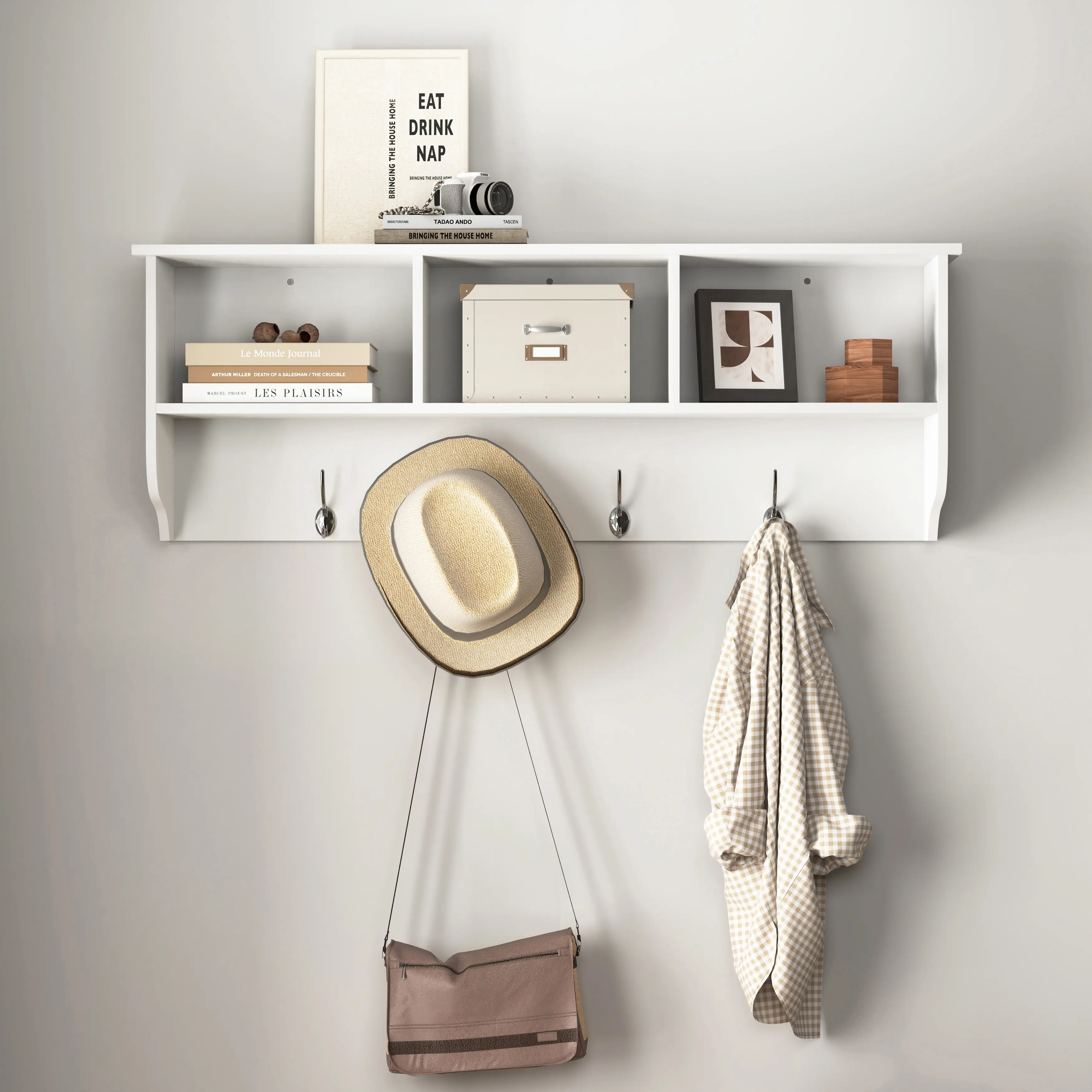 Wall Mounted MDF Coat Rack with 8 Hanging Hooks, Storage Shelves, 3 Cubbies - Entryway Organizer for Hats, Bags, Keys - Room Decor to Reduce Clutter