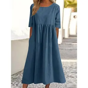 Lady's Elegant Round-neck 5-button Dress, Large-sized Casual and Loose Pure and Linen Dress with Pocket Design