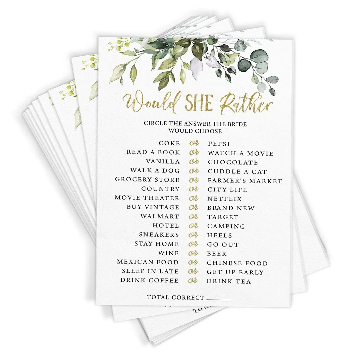 Would She Rather – Bridal Shower Game, Eucalyptus (50 Cards)