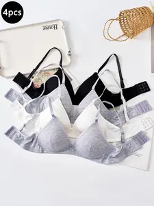 Four-Piece Set Simple Solid Color Comfortable Lightweight No-Wire Girls' Underwear, Soft Breathable Everyday Wear Bra Top Bralette, Casual Slim-Fitting