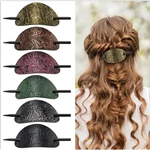 6 count Hair Barrette with Stick, Faux Leather Oval Shape Hair Clips Hair Slider Pin Ponytail Holders, Bohemian Style Hair Accessories Barrette with  Slide Stick for Women Girls