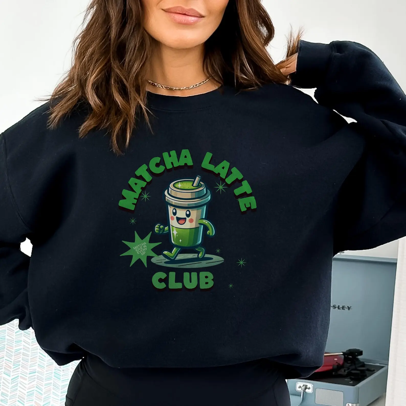 Matcha Green Aesthetic Sweatshirt Soft Cozy Pullover for Tea Lovers Cute Cottagecore Gift Idea