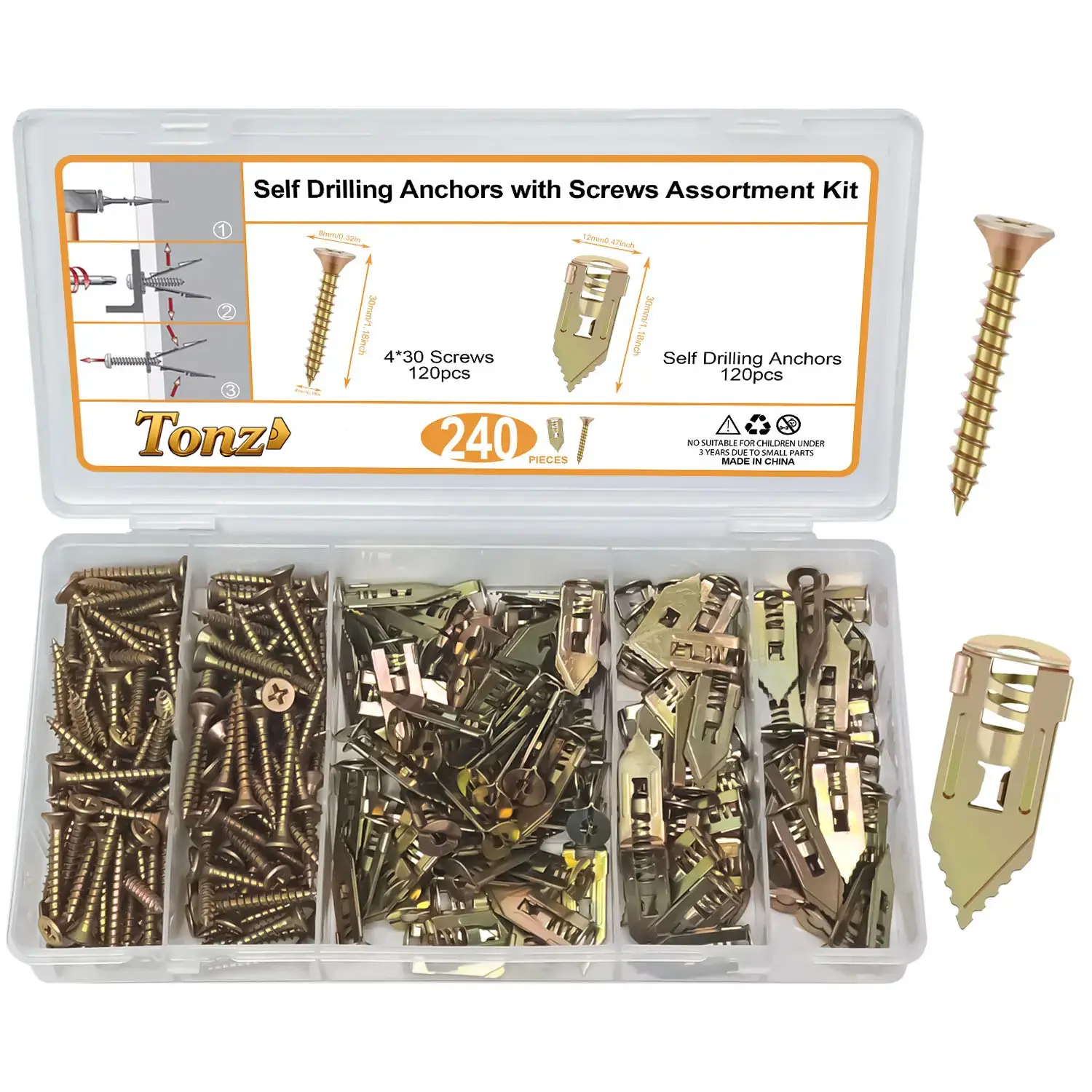 240 Self-Drilling Drywall Anchors with Screws, 120 Drywall Anchors, 120 Zinc Expansion Screws, No Drill Needed, Easy Installation, Holds 66 Lbs, High Load Capacity, Wall Mounting