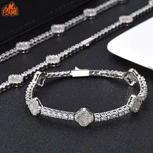 [FLAME] Hip-Hop Zircon Tennis Chain Four-Leaf Clover Necklace Jewelry, High-End Men's Bracelet, Urban Streetwear Complete Set