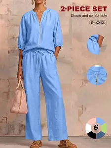 2026 Summer French Stand Collar Zipper Linen Feel Loungewear Set, Spring Fall Three-Quarter Sleeve Top + High Waist Wide Leg  Pants Casual