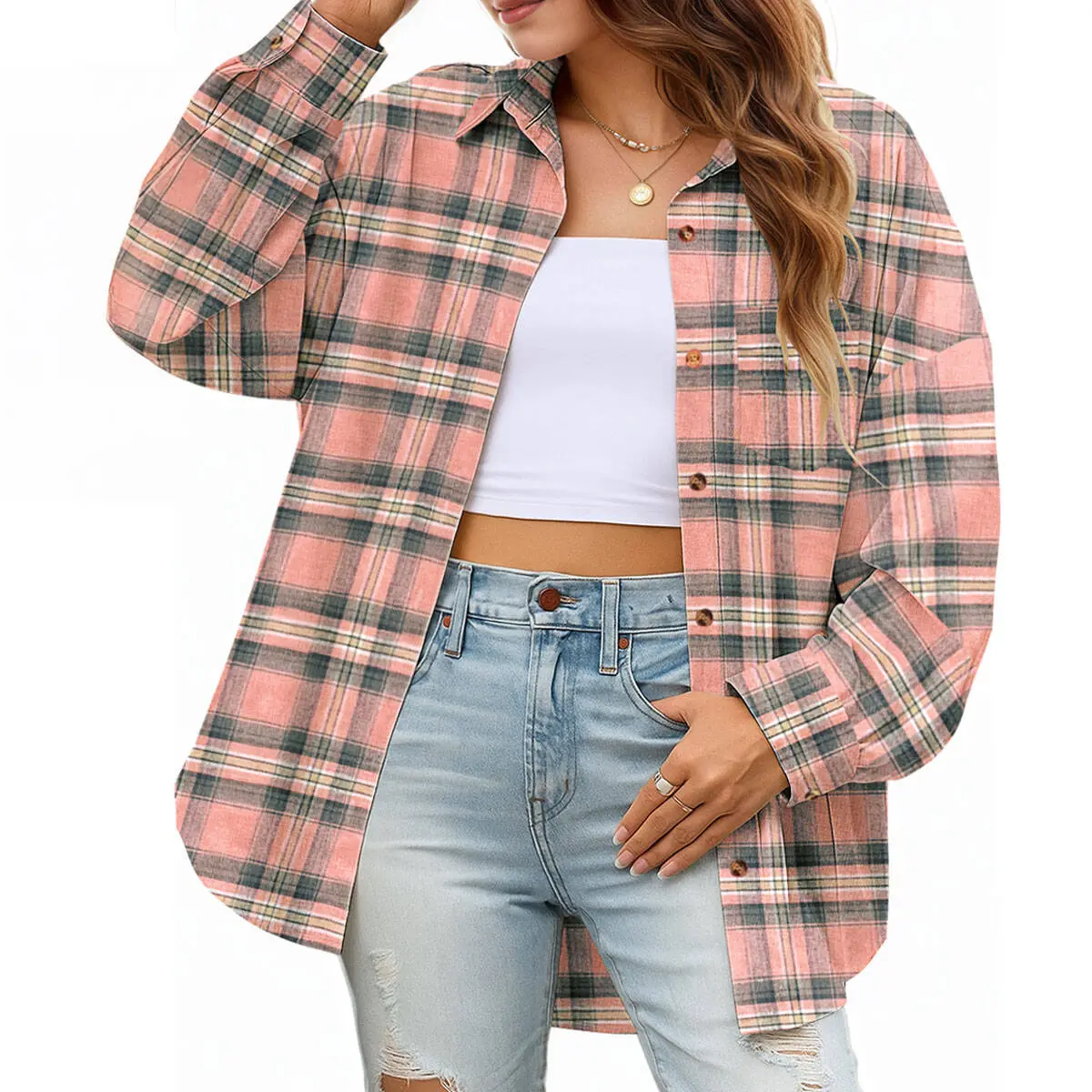 ETCYY NEW Women’s Pink Striped Plaid Flannel Shirt - Fitted Buffalo Check Button-Down Cardigan Blouse, Lady’s Longsleeves Cute Tops Clothes for Women, Dressy Casual Fall Office & Casual Wear Top