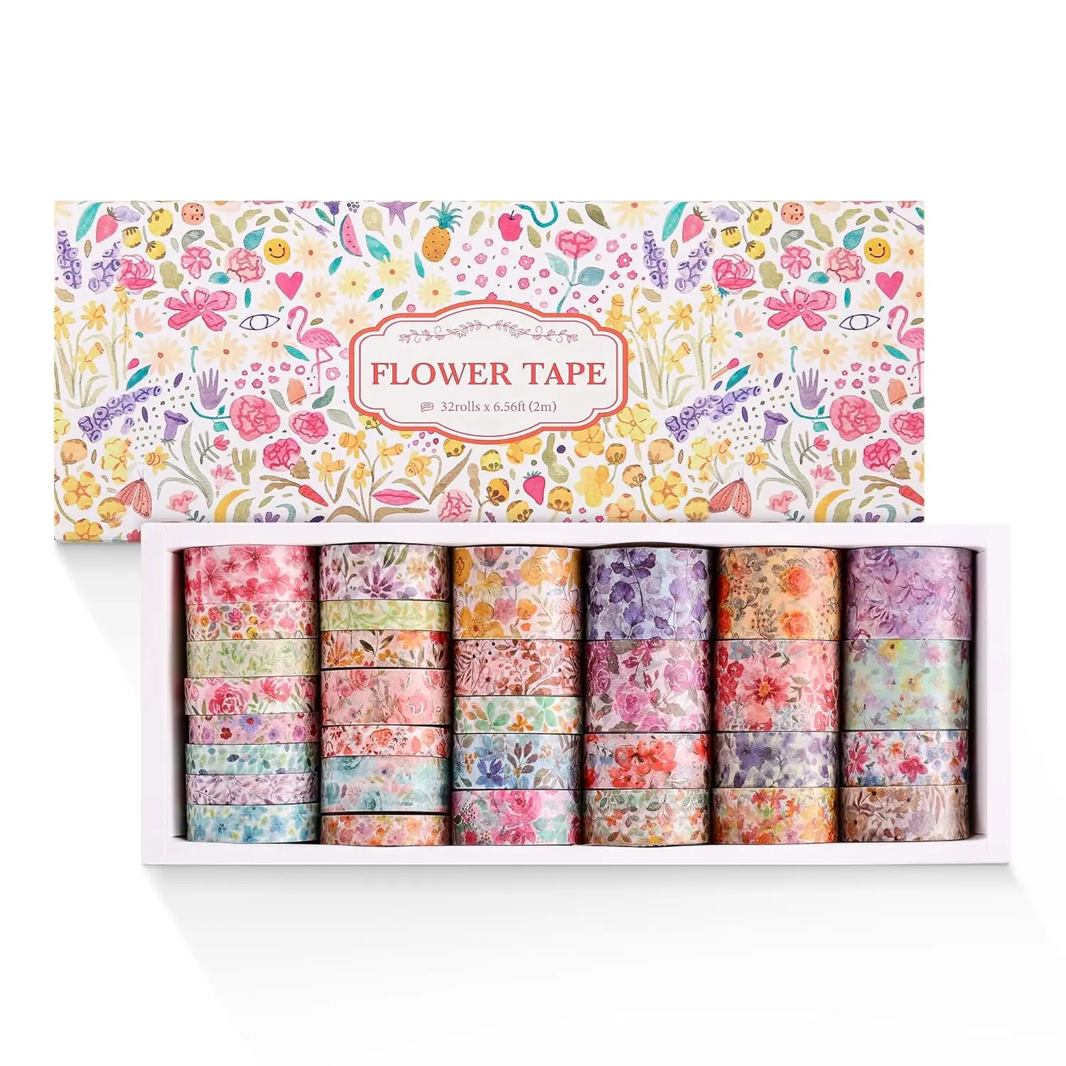 32 Rolls Colored Floral Washi Tape Craft Kits, Decorative Masking Tape for Junk Journaling, DIY Craft Projects, Office Stationery & Scrapbooking Supplies