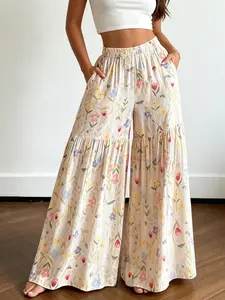 Colorful Small Floral Printed Wide Leg Pants, Loose Fit High Waist Thin Casual Skirt Pants, Boho Style All Seasons Home Pants
