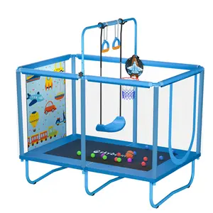 36"*55" Square Mini Trampoline for Kids, 6 in 1 Toddler Rebounder with Swing, Basketball Hoop, Punching Bag, Rings & Bar, No-Gap Jumping Mat, Easy to Assemble, Indoor/Outdoor, Ideal Gift for Boys and Girls