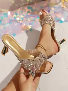 Women's Rhinestone Chunky Heel Mules, Square Toe Open-Toe High Heels, Elegant Evening Shoes, Casual PVC Upper, PU Leather Sole