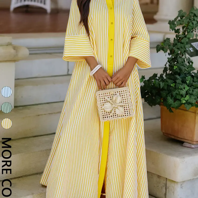 Elegant Women's Striped Button Front Dress, Casual Loose-Fit Lapel Hem, Perfect for Beach Vacations, Streetwear, Daily Wear, Loose Fitting Dress
