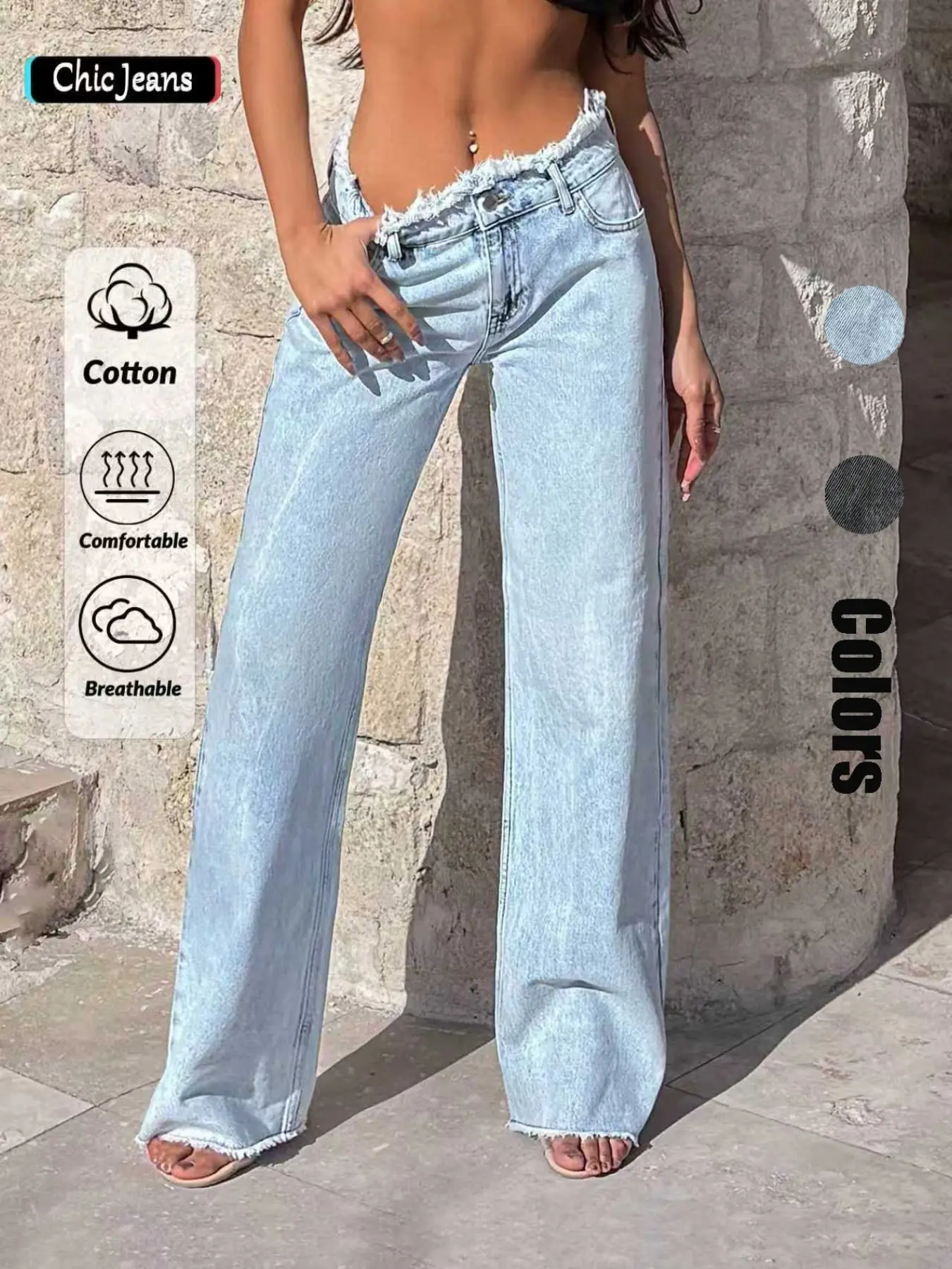 Women's Light Blue Wide Leg Basic Plain Casual Fashion Jeans, Light Wash, Soft Denim Material, Comfortable and Versatile, Fashionable Mid Waist Loose Fit Pants, Trouser, Womenswear