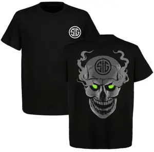 Sig Sauer Mens T Shirt Skull Print Glow In The Dark Green Eyes Front Logo Comfortable Breathable Fabric Medium Size Short Sleeve Graphic Tee Soft Cotton Casual Streetwear Tactical Style Summer Cool High Quality Gift