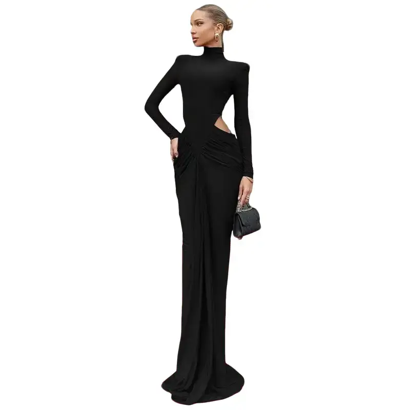 Women's Polyester-Spandex Lady Evening Dress, Long-Sleeves Formal Maxi Dress with Ruched Details, Open Waist Cutouts, Padded Shoulders, Elegant Fabric