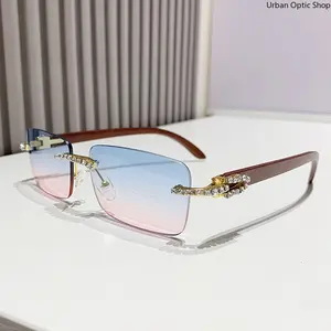 XUH Rimless Gradient Sunglasses for Women Men, Diamond Decor Wood Grain Temple, UV400 Protection Fashion Eyewear for Parties Streetwear