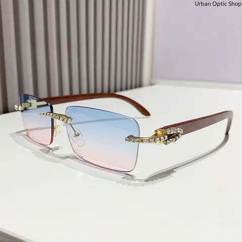 XUH Rimless Tinted Glass Female Sunglasses - Fashionable Frames, Jeweled Glam, UV400 Lens, Nylon Lightweight Durable Sunglasses, Diamond Decor, Wood Grain Temples, Eyewear Fashion, for Parties, Streetwear