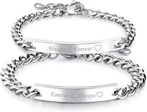 Cupimatch 2pcs His and Hers Couple Bracelets Set, Adjustable Titanium Stainless Steel Always & Forever Forever & Always Love Matching Bracelet Link Jewelry Set,Silver for Valentine's Day