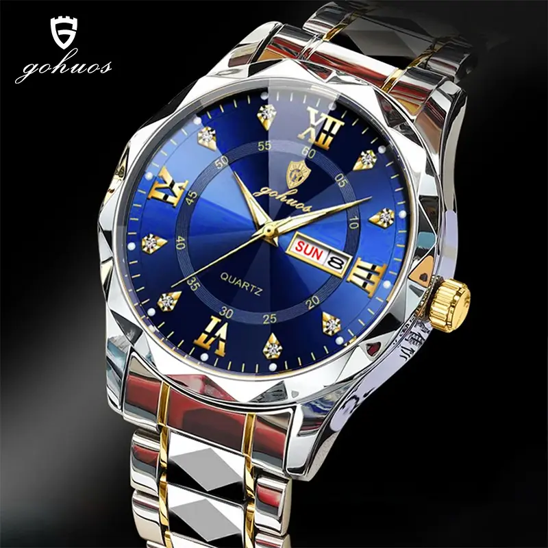 GOHUOS Men's Luminous Simple Quartz Business Watch - Stainless Steel Band, Gold Accents, Blue Dial with Date & Day Indicator, Men's Accessories, Thoughtful Birthday Gift for Boyfriend, Gifts For Boyfriend, Birthday Gifts For Bf
