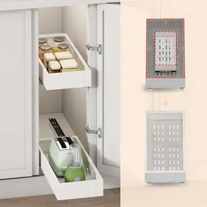 2Pcs Expandable Pull Out Cabinet Organizer, Adjustable 7"-11" Width 17"-24" Depth Roll Out Drawers Slide Out Shelves for Kitchen and Pantry, For Cabinets Without Lip, White
