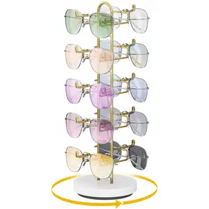 NiHome Rotating Eyeglass Display Rack for Sunglasses & Accessories, Rotatable Sunglasses Stand Holder, Space-Saving Organizer Holds 10 Pairs, Stable Wooden Base, Golden Color Iron Frame for Home Decor