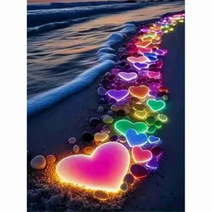 Rainbow Glowing Heart Path on Beach Diamond Painting Kit, Romantic Neon Hearts Seaside Sunset Scene, 5D Full Drill Round & Square Rhinestone Cross Stitch, Magical Love Art, Dreamy Coastal Home Decor, Couple Gift DIY Craft Project