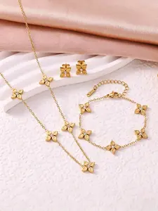 Gold Tone CZ Flower Jewelry Set for Women, 3Pcs Dainty Four Leaf Clover Charm Necklace Bracelet Earrings Set, Elegant Stainless Steel Everyday Jewelry