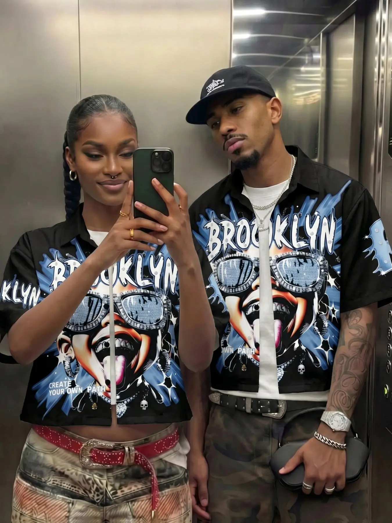 Matching Couple Black "Brooklyn" Graphic Cuban Collar Casual Shirts, Clothes, Oversized & Cropped Streetwear Sets with blue flame & diamond sunglasses print, "Create Your Own Path" slogan, perfect for date nights, couple looks, Loose, Street Vibe