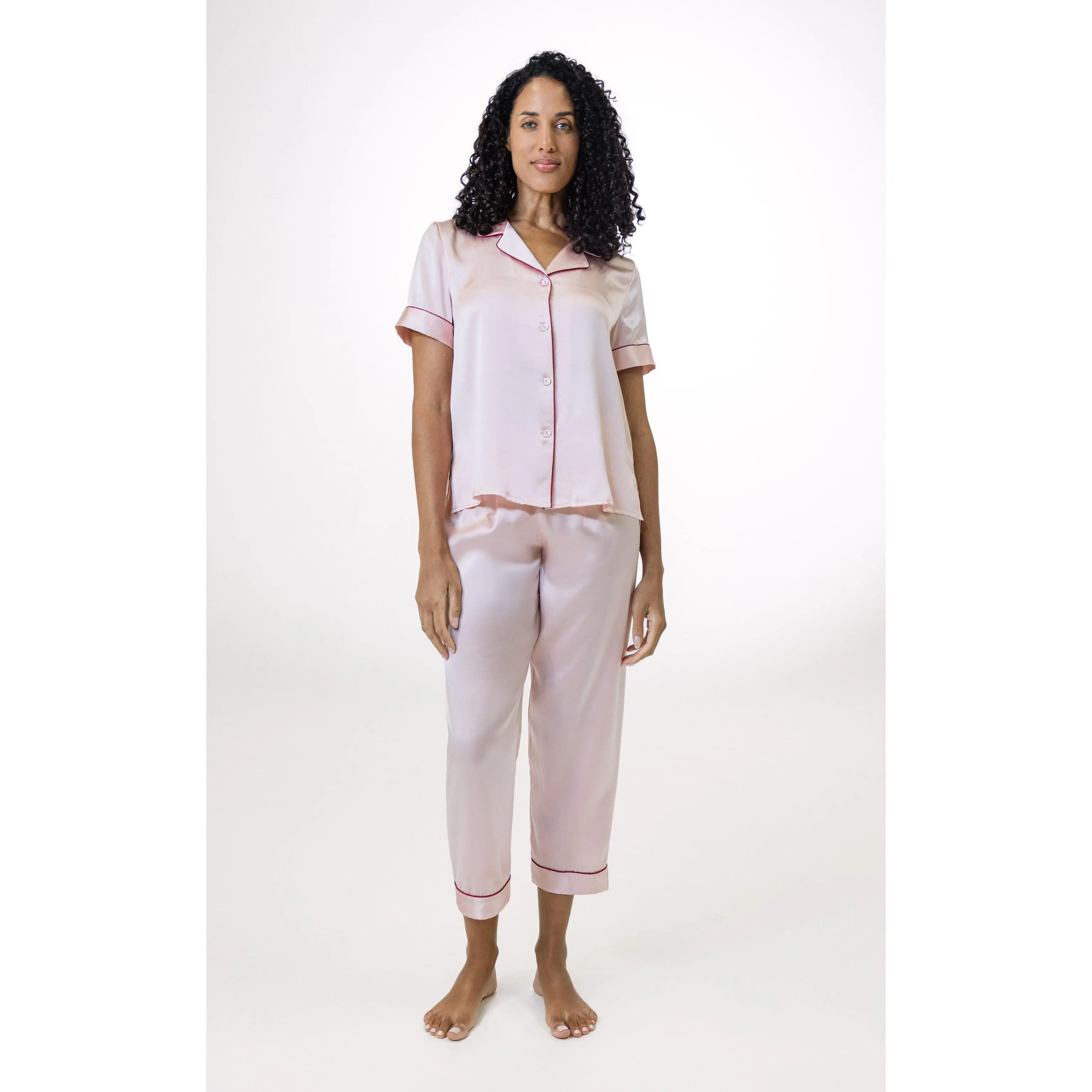 Women's Pure Silk Pajama Set - Short Sleeve Top & Long Pants In Pale Pink