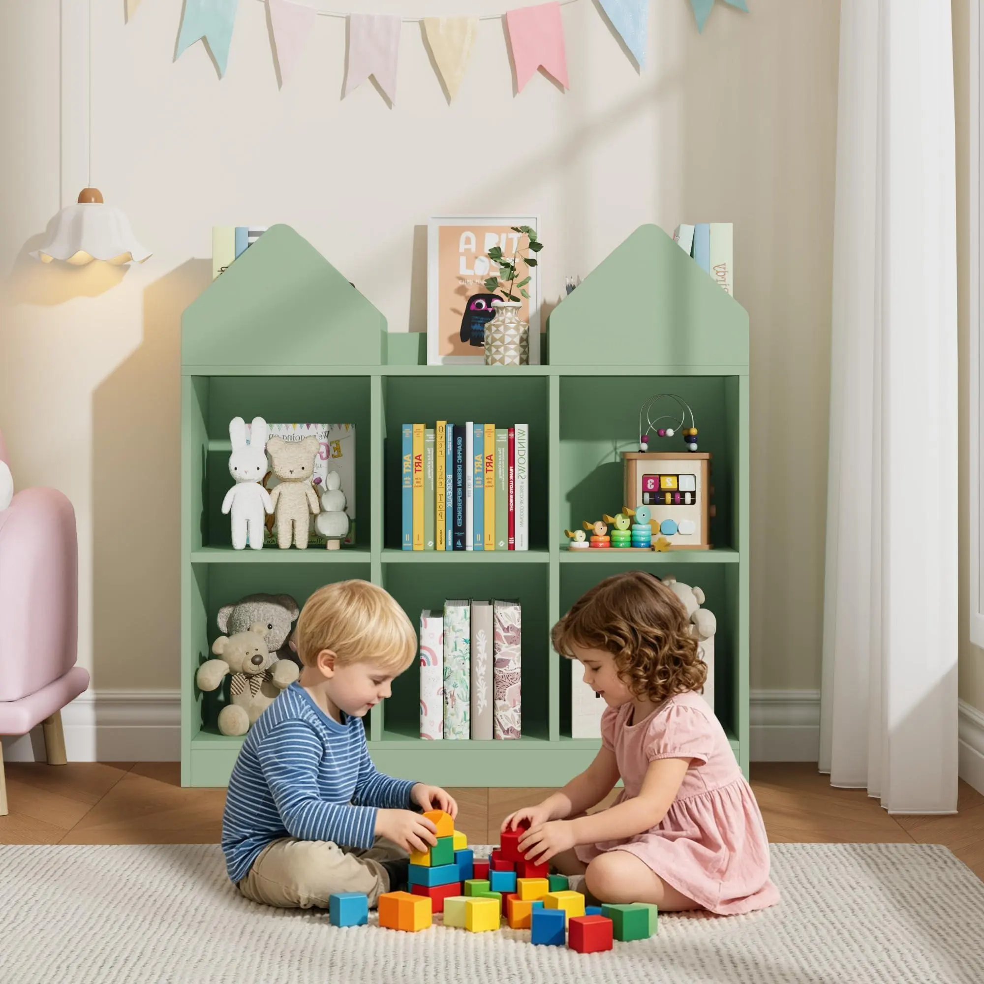 Green 35.4in House Shape Kids Bookshelf - Sturdy Base, Double Roof 3-Column 2-Tier Open Storage Bookcase, Floor Standing for Bedroom, Playroom