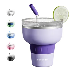 16 oz Cocktail Tumbler with Lid and Straw - Stainless Steel Insulated Margarita Tumbler - 320° Sippable Stemless Wine Cup for Party | Purple